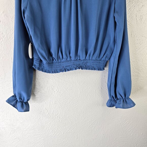 Victorian Buttondown Shirt M Blue Satin Ruffled Bell Sleeve Regency Preppy Top - Picture 10 of 13